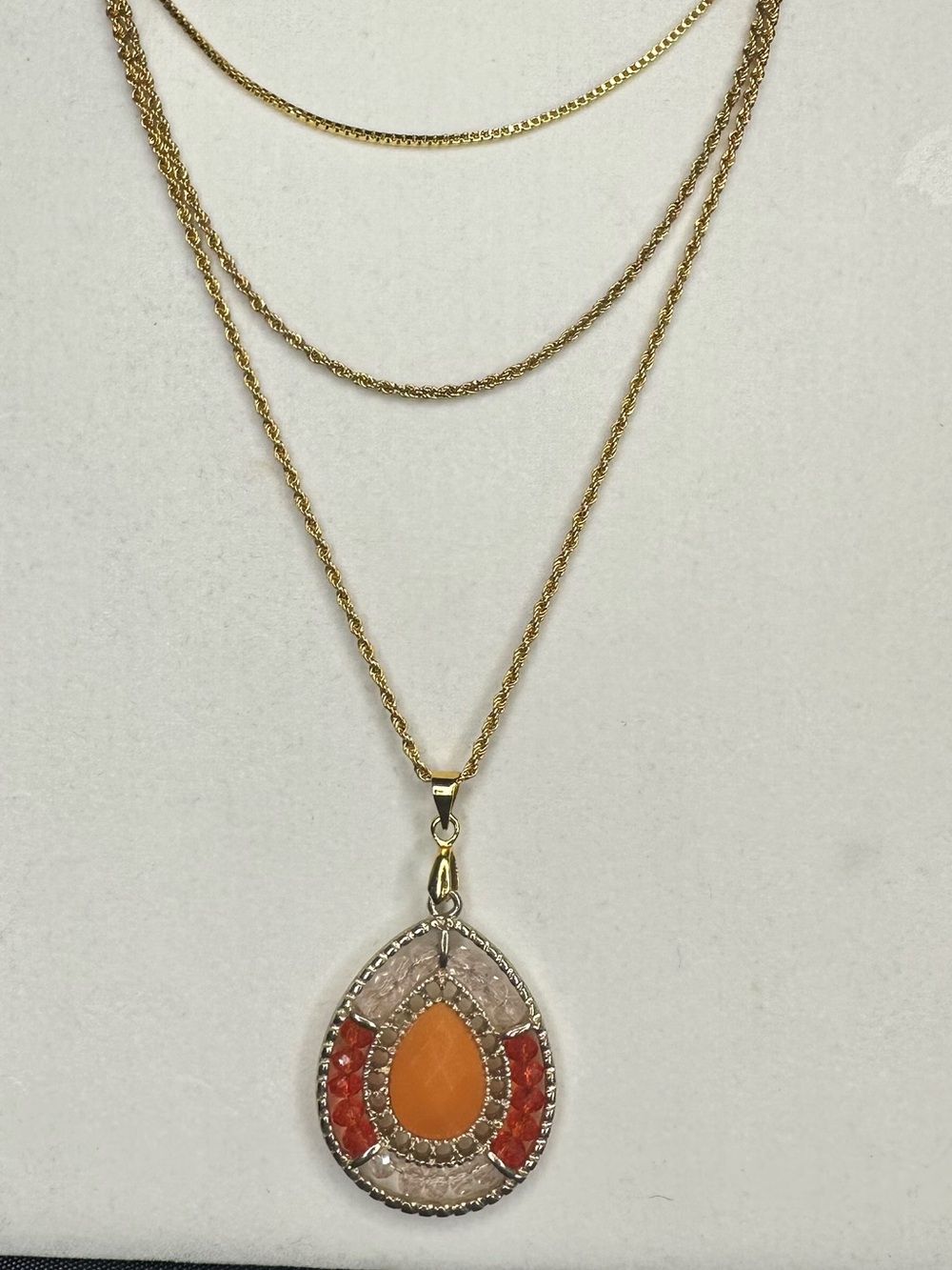 3 Layer Gold Tone Necklace Set Orange Jeweled Vintage Pendant